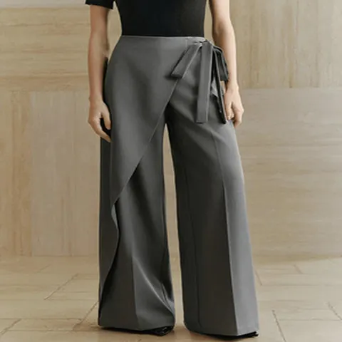 Pantaloni da Donna a Vita Alta a Gamba Larga Con Cintura Stringati Drappeggiati Pantaloni da Ufficio Elegante Tinta Unita Poliestere Pantaloni Donna