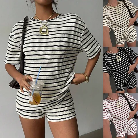 Women Casual Striped Two Piece Set Viscose Blend Round Neck Short Sleeve T-Shirt And Shorts Knitted Waffle Texture Summer Outfit