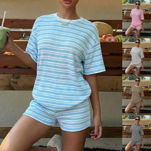 Women's Striped Knit Shorts Set Viscose Polyester Blend Casual Two Piece Outfits Crew Neck Short Sleeve Top And Bottom