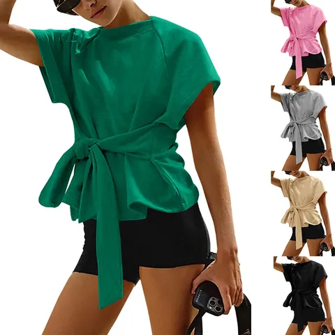 Women's Casual Short Sleeve Cotton Polyester T-Shirt Summer Loose Round Neck Top With Waist Tie Bowknot Decoration