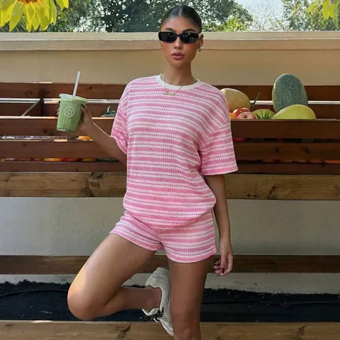 Women's Striped Knit Shorts Set Viscose Polyester Blend Casual Two Piece Outfits Crew Neck Short Sleeve Top And Bottom