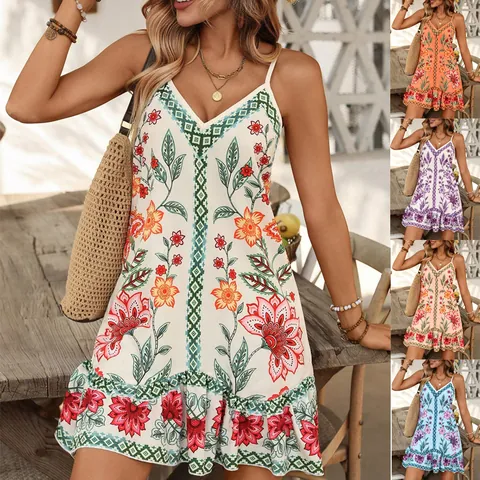 Damen Boho Blumendruck V-Ausschnitt Trägerkleid Sommer Ärmellos Rüschensaum Mini Urlaub Strandkleid Für Frauen