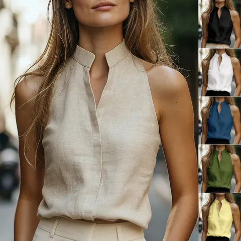 Camicia da Donna Senza Maniche con Collo in Piedi Minimalista in Poliestere Tinta Unita Scollo a V Ufficio Estate Elegante Top
