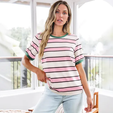 Women Striped T-Shirt Casual Color Block Crew Neck Short Sleeve Top Soft Viscose Cotton Blend Comfortable Loose Summer Tee