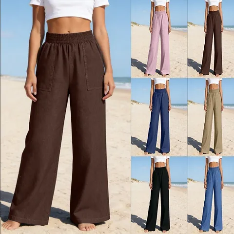 Femmes Taille Haute Pantalon Jambes Larges Ample Couleur Unie Longueur Sol Denim Jeans Avec Grandes Poches Décontracté