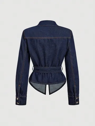 Damen Mode Jeansjacke Mit Taillengürtel Langarm Polokragen Kontrastnähte Casual Dunkelblau Jacke Top