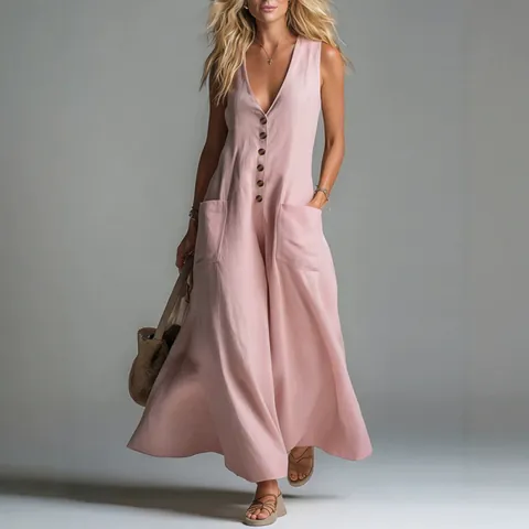 Women's European Summer Deep V-Neck Sleeveless Solid Color Maxi Dress With Patch Pockets And Single Breasted Button Decoration Elegant Casual Straight Dress