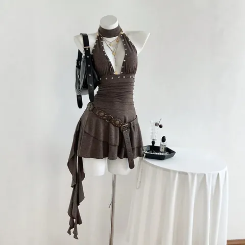 Damen Halter Ärmelloses Mini Kleid Polyester Elasthan Perlen Raffungen Rüschensaum Sexy V Ausschnitt Sommer Party Bodycon Kleid