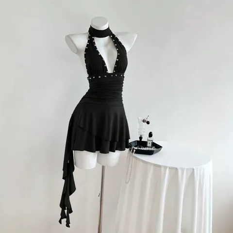 Damen Halter Ärmelloses Mini Kleid Polyester Elasthan Perlen Raffungen Rüschensaum Sexy V Ausschnitt Sommer Party Bodycon Kleid