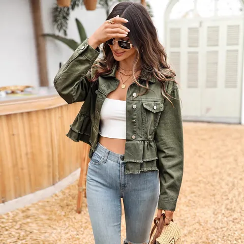 Women Military Green Ruffle Hem Denim Jacket Frayed Edge Cropped Jean Coat Button Down Casual Long Sleeve Top For Daily Vacation