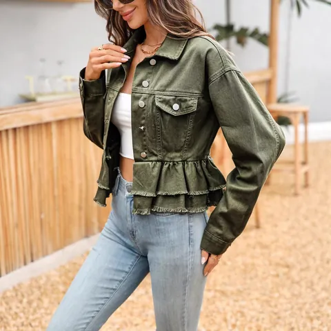 Women Military Green Ruffle Hem Denim Jacket Frayed Edge Cropped Jean Coat Button Down Casual Long Sleeve Top For Daily Vacation