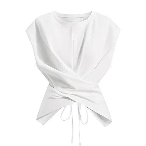 Women Summer Criss Cross Hem Tie Back Crop Top Sleeveless Round Neck Slim Fit Solid T-Shirt Elegant Casual Vest Tops