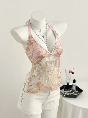 Γυναικείο Τοπάκι Camisole από Γλυκιά Δαντέλα με Λαιμόκοψη V Halter και Κέντημα με Πούλιες Λουλούδια και Κορδόνια στην Πλάτη Καλοκαιρινό Σέξι Εξώπλατο Πάρτι