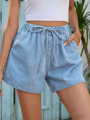 Γυναικείο Casual Τζιν Σορτς από Βαμβάκι Με Ελαστική Μέση Και Κορδόνι Μεσαία Μέση Τσέπες Μόδα Κάτω Μέρος