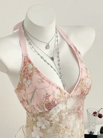 Γυναικείο Τοπάκι Camisole από Γλυκιά Δαντέλα με Λαιμόκοψη V Halter και Κέντημα με Πούλιες Λουλούδια και Κορδόνια στην Πλάτη Καλοκαιρινό Σέξι Εξώπλατο Πάρτι