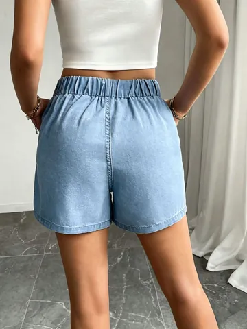 Γυναικείο Casual Τζιν Σορτς από Βαμβάκι Με Ελαστική Μέση Και Κορδόνι Μεσαία Μέση Τσέπες Μόδα Κάτω Μέρος