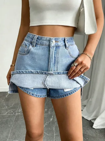 Women's Casual High Waisted Denim Skort Washed Faded Light Blue Jean Shorts Skirt With Pockets Streetwear Fashion Bottom