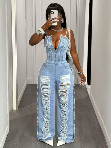Women Sexy Deep V Neck Ripped Denim Jumpsuit Sleeveless Rivet Distressed Raw Hem High Waist Wide Leg Streetwear Overalls