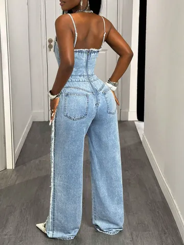 Women Sexy Deep V Neck Ripped Denim Jumpsuit Sleeveless Rivet Distressed Raw Hem High Waist Wide Leg Streetwear Overalls