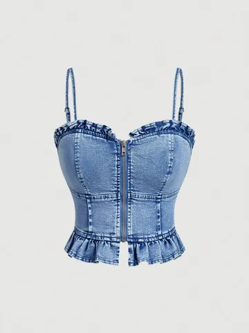 Damen Casual Denim Rüschen Camisole Slim Fit Gewaschen Denim Tank Top Mit Reißverschluss Vorne Herz Ausschnitt Sexy Streetwear