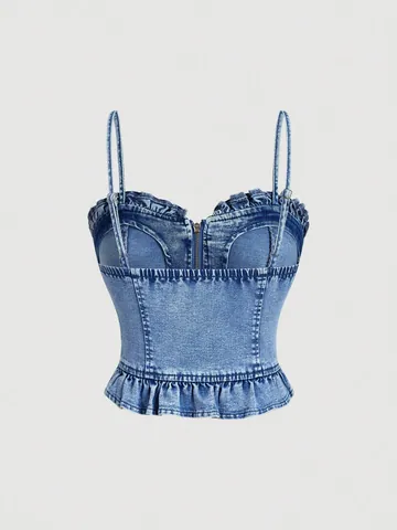 Damen Casual Denim Rüschen Camisole Slim Fit Gewaschen Denim Tank Top Mit Reißverschluss Vorne Herz Ausschnitt Sexy Streetwear