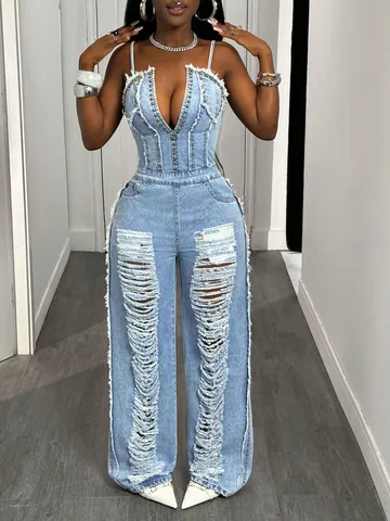 Women Sexy Deep V Neck Distressed Denim Jumpsuit Rivet Decor Spaghetti Strap Ripped Wide Leg Romper Top And Bottom