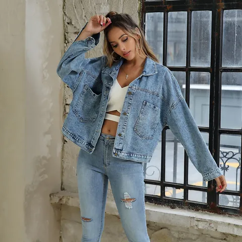 Women Retro Loose Denim Jacket Top Cotton Blend Patchwork Casual Long Sleeve Outerwear With Large Pockets Button Down Coat
