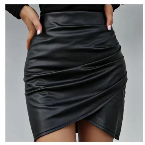 Women High Waist Asymmetric Faux Leather Mini Skirt Ruched Side PU Short Skirt Bottom For Daily Party Dating Fashion