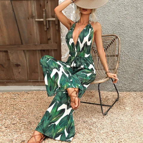 Damen Sexy V-Ausschnitt Halter Jumpsuit Tropischer Palmblatt Print Weites Bein Romper Urlaub Ärmellos Top And Bottom