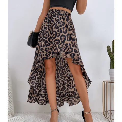 Women Sexy Leopard Print Asymmetric High-Low Skirt Fashion Ruffle Hem Polyester Maxi Skirt For Casual Vacation