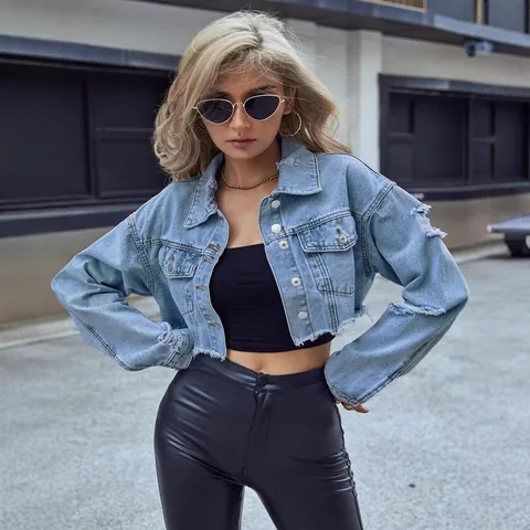 Women Plus Size Cropped Denim Jacket Retro Washed Raw Hem Distressed Long Sleeve Casual Button Down Outerwear Top