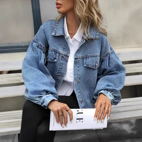 Γυναικείο Oversized Κοντό Τζιν Μπουφάν Ξεπλυμένο Βαμβακερό Φουσκωτά Μανίκια Κοντό Τζιν Παλτό Fashion Streetwear Top