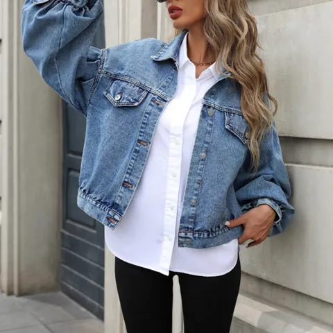 Γυναικείο Oversized Κοντό Τζιν Μπουφάν Ξεπλυμένο Βαμβακερό Φουσκωτά Μανίκια Κοντό Τζιν Παλτό Fashion Streetwear Top
