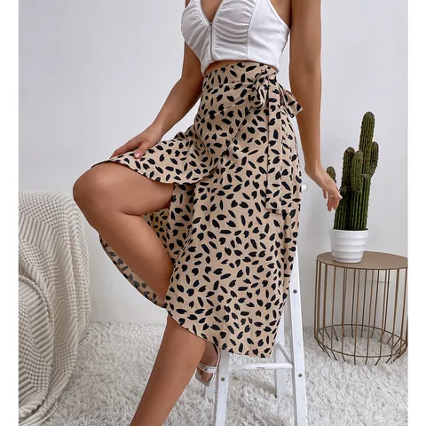 Falda Midi Cruzada de Talle Alto con Estampado de Lunares Vintage para Mujer con Abertura Lateral Falda Acampanada Elegante
