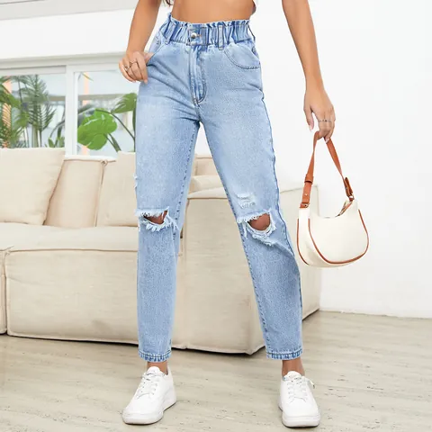Women Casual Light Blue Cotton Denim Jeans High Paperbag Waist Ripped Distressed Straight Leg Trousers Streetwear Bottom