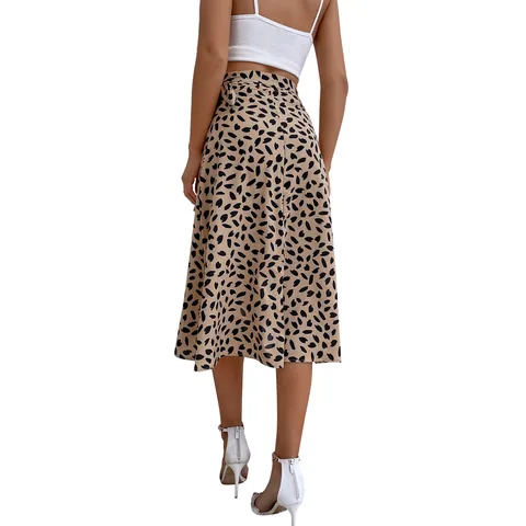 Women High Waist Polka Dot Print Side Split Midi Skirt Polyester Wrap Skirt With Belt Casual Summer Vacation Bottom