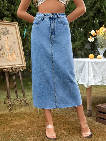 Women's High Waist A-Line Denim Maxi Skirt Cotton Polyester Raw Hem Washed Casual European Street Trendy Long Bottom Skirt