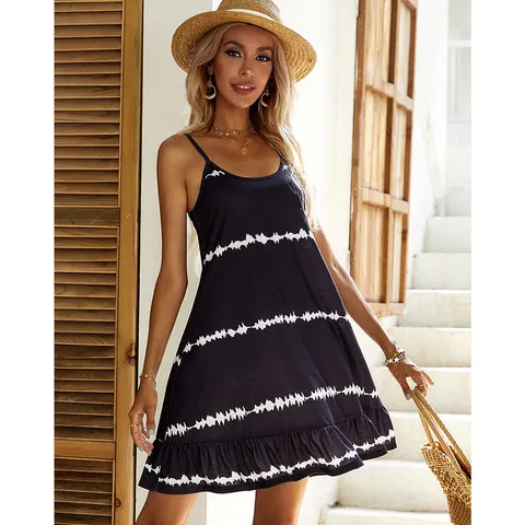 Women Fashion Sexy Tie Dye Printed Camisole Mini Dress Sleeveless U-Neck Ruffle Hem Summer Casual Beach Resort Short Dress