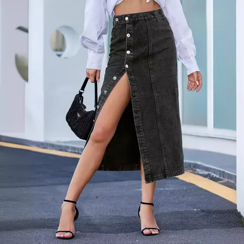 Γυναικεία Ψηλόμεση Denim Βαμβακερή Μακριά Φούστα Ακανόνιστο Σκίσιμο Μονόπετο Μονόχρωμη Ευρωπαϊκό Στυλ Streetwear Bottom 30291