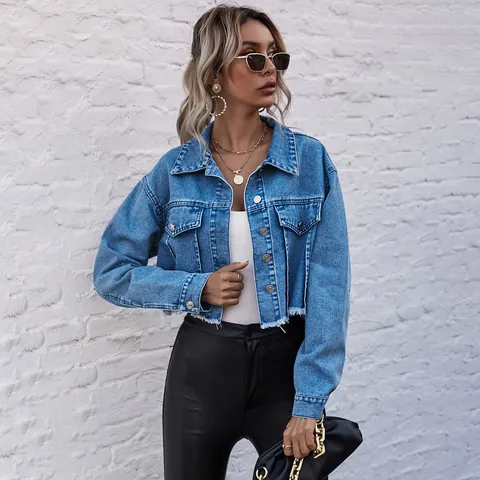 Women Casual Denim Cropped Jacket Fashion Frayed Hem Solid Color Turndown Collar Long Sleeve Urban Top Autumn Denim Outerwear