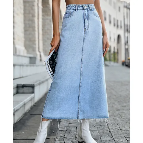 Damen High Waist A-Linien Jeans Midirock Bottom Lässig Washed Blue Langer Jeansrock Mit Offenem Saum Retro Modisch