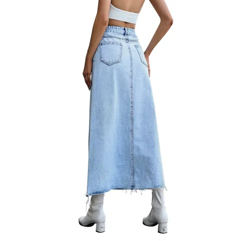Damen High Waist A-Linien Jeans Midirock Bottom Lässig Washed Blue Langer Jeansrock Mit Offenem Saum Retro Modisch