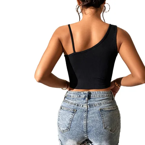 Women Asymmetrical Chain Strap Ribbed Tank Top Sexy One Shoulder Sleeveless Crop Cami Top Spandex Solid Slim Summer Top