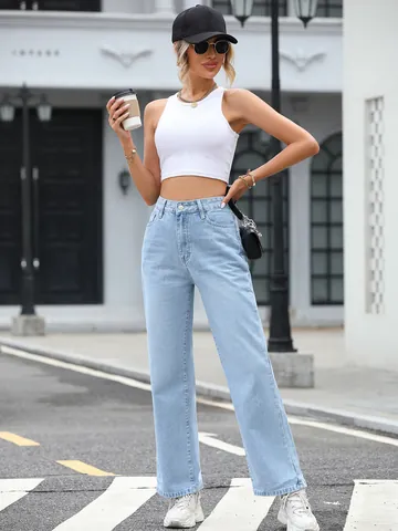 Vaqueros de Mezclilla de Pierna Recta de Talle Alto para Mujer Lavado Azul Claro Moda Casual Callejera Pantalones Bolsillos Modernos
