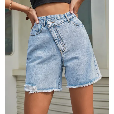 Dames Casual Denim Shorts Hoge Taille Los Gewassen Raw Hem Asymmetrische Gekruiste Taille Streetwear Jeans