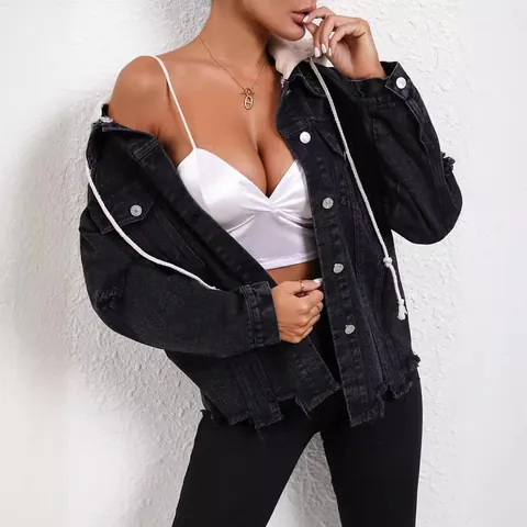 Women Hooded Denim Jacket Cotton Blend Deep Gray Distressed Washed Frayed Hem Long Sleeve Loose Casual Outerwear Denim Top