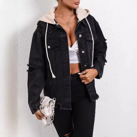 Women Hooded Denim Jacket Cotton Blend Deep Gray Distressed Washed Frayed Hem Long Sleeve Loose Casual Outerwear Denim Top