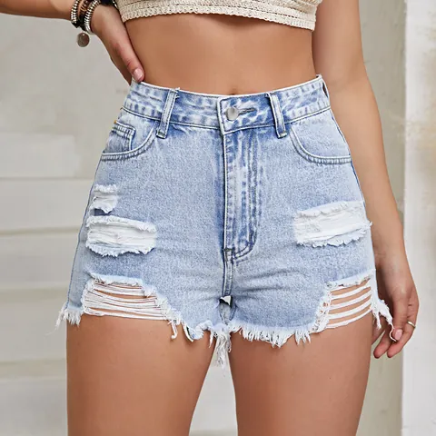 Women Denim Shorts High Waist Ripped Distressed Frayed Raw Hem Cotton Blend Casual Summer Bottom Fashion Streetwear Shorts