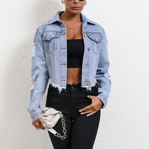 Women Casual Denim Jacket Light Blue Long Sleeve Distressed Ripped Frayed Hem Short Denim Coat Button Top Streetwear Outwear