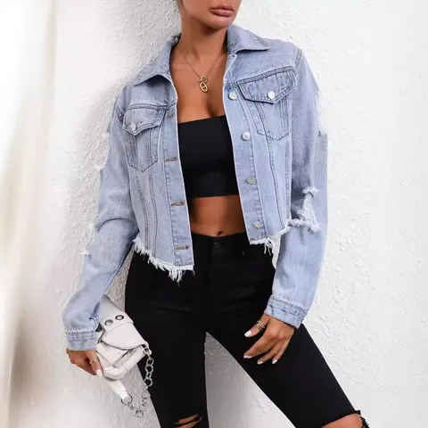 Women Casual Denim Jacket Light Blue Long Sleeve Distressed Ripped Frayed Hem Short Denim Coat Button Top Streetwear Outwear